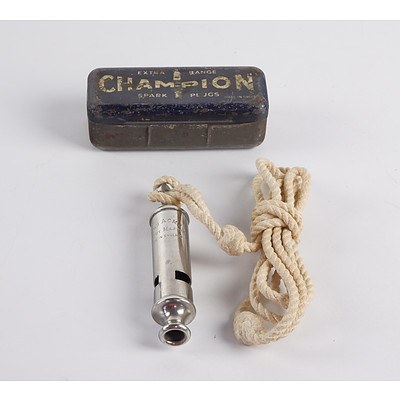 Vintage Whistle and Champion Spark Plug Tin
