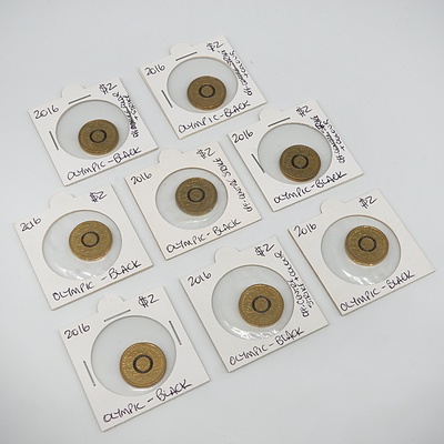 Eight 2016 Olympic Team $2 Coins in Cards, Black, Some with Off Centre Enamel