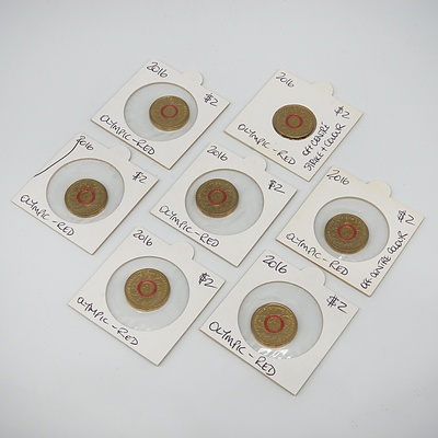 Seven 2016 Olympic Team $2 Coins in Cards, Red, Some with Off Centre Enamel
