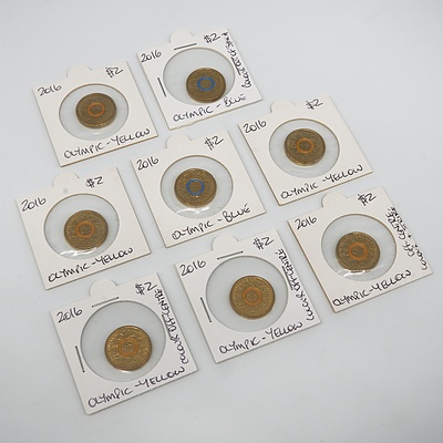 Eight 2016 Olympic Team $2 Coins in Cards, Yellow and Blue, Some with Off Centre Enamel