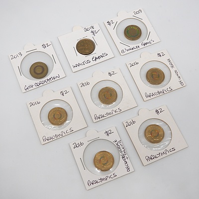 Eight Commemorative $2 Coins, 2016 Paralympics, 2018 Commonwealth Games, 2018 Invictus Games, 2013 Coronation 60 Years