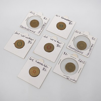 Three 2012 Remembrance $2 Coins, Two 2015 Flanders, 2017 Lest we Forget and 2017 Remembrance Coins