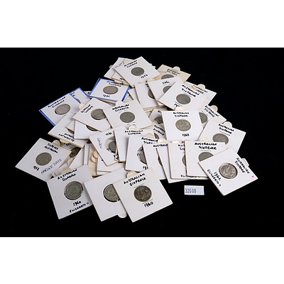55 Australian Sixpence, Including 1918, 1958, 1952, 1948 and More