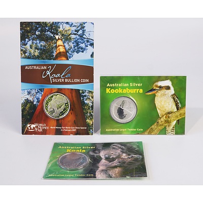 Three Perth Mint Silver Coins, Including 2008 $1 Silver Kookaburra and Two $1 2007 Silver Koalas