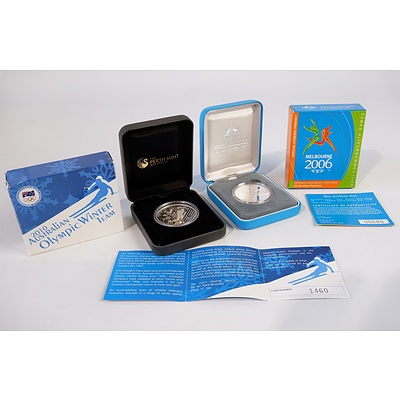 Perth Mint 2010 Australian Olympic Winter Team $1 1oz Silver Proof Coin and Melbourne 2006 Queens Baton Relay $5 Silver Proof Coin no 00680