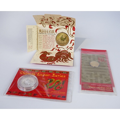 2004 Lunar Series 1 oz Silver Coin, 2005 Year of the Rooster Coin and 2008 Year of the Rat $1 Coin