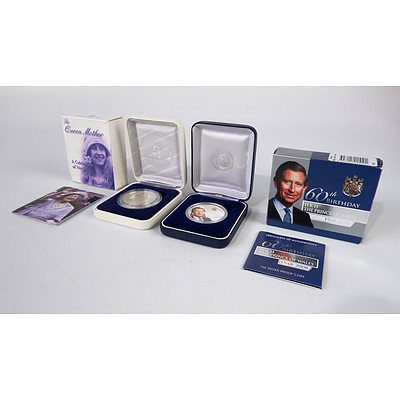 The Queen Mother 1900-2002 1oz Silver Coin and 60th Birthday HRH The Prince of Wales 1oz Silver Coin