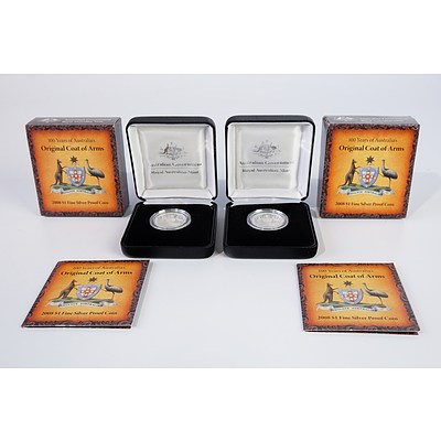 Two 2008 $1 Silver Proof Coins, 100 Years of Australia's Original Coat of Arms