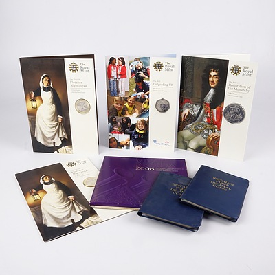 Collection of British Coins, Including Two Britain's First Decimal Coins Booklets, Vivat Regina 2006 5 Pound Coin, and Four Royal Mint Coins