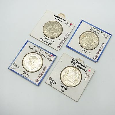 Four Australian Florins, 1942S, 1943S, 1943S, and 1944S