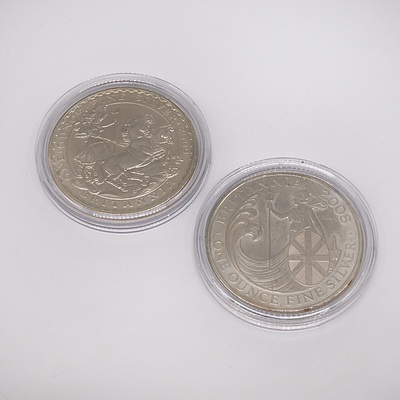 Two Britannia One Ounce Fine Silver Two Pound Coins, 2008 and 2009