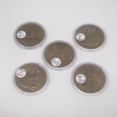 Five Cased UK Crowns, 1951, 1951, 1953, 1953, and 1960