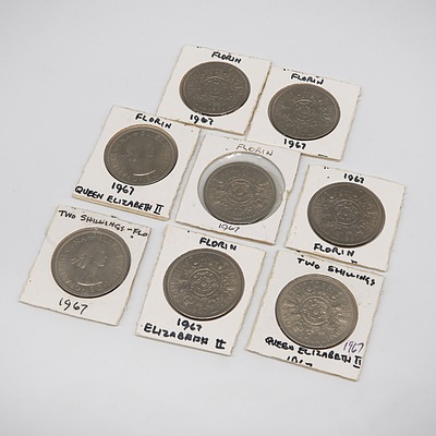 Eight British 1967 Two Shillings Coins