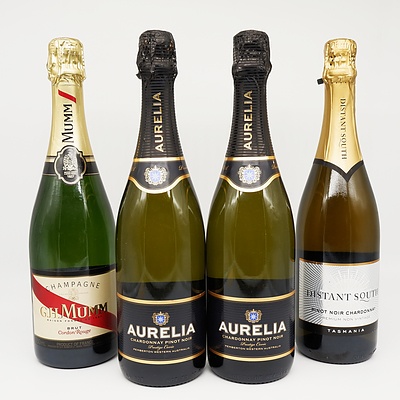 Group of Four Sparkling Wine/Champagne 750ml Bottles Including Aurelia Chardonnay Pinot Noir, G.H.Mumm Bruth Champagne and More