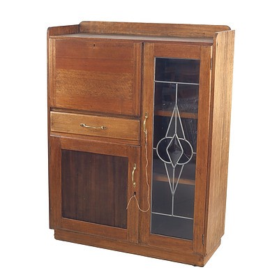 Tasmanian Oak Bureau Cabinet with Leadlight Glass Door Circa 1940s