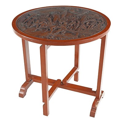 Vintage Chinese Relief Carved and Glass Top Folding Table