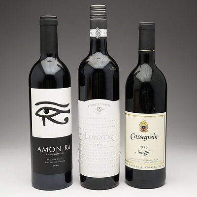 One Bottle of Tyrell's Wines Lunatiq 2009 Shiraz 750ml, One Bottle of Amon-Ra 2010 Unfiltered Shiraz 750ml and One Bottle of Cassegrain 1990 Antcliff 750ml