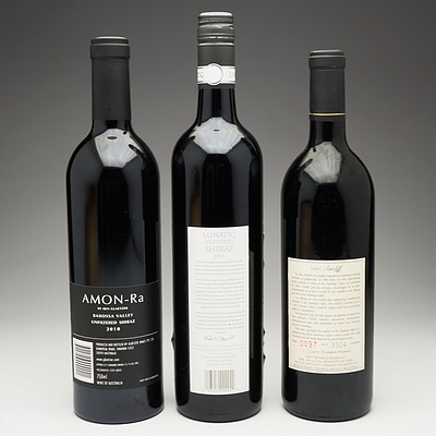 One Bottle of Tyrell's Wines Lunatiq 2009 Shiraz 750ml, One Bottle of Amon-Ra 2010 Unfiltered Shiraz 750ml and One Bottle of Cassegrain 1990 Antcliff 750ml