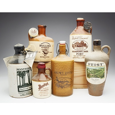 Group of Six Various Port, Rum and Rose Wine Stoneware Decanters