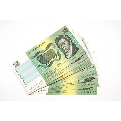 Seven Australian $2 Notes, Knight/Stone, Johnston/ Fraser and Phillips/ Randall