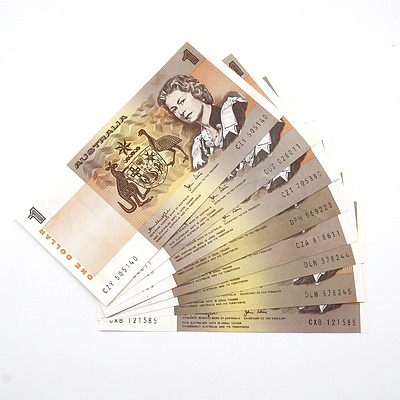 Eight Australian $1 Notes, Including Two Consecutively Numbered Johnston/ Stone $1 Notes DLN576244-DLN576245