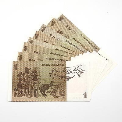 Eight Australian $1 Notes, Including Two Consecutively Numbered Johnston/ Stone $1 Notes DLN576244-DLN576245