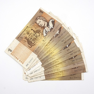Ten Australian $1 Notes, Johnston/ Stone, Knight/ Wheeler and Knight/Stone