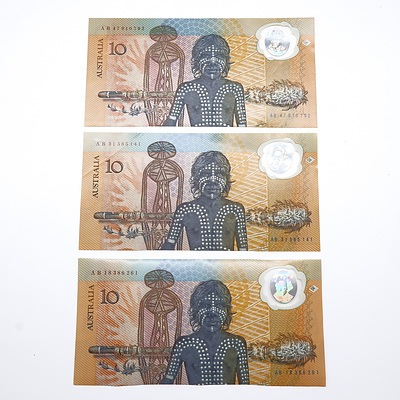 Three 1988 Australian Bicentennial Commemorative $10 Notes, AB47910792, AB31585141 and AB18386261