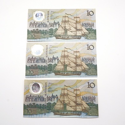 Three 1988 Australian Bicentennial Commemorative $10 Notes, AB47910792, AB31585141 and AB18386261