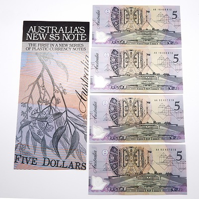 Two Pairs of Consecutively Numbered $5 Notes with Green Serial Number, AA93457018-AA93457019 and AB18456612-AB18456613