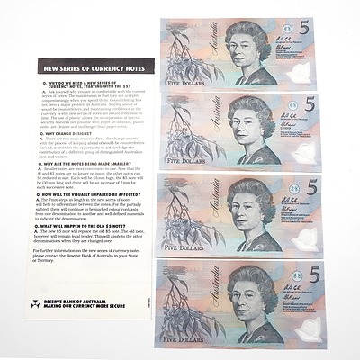 Two Pairs of Consecutively Numbered $5 Notes with Green Serial Number, AA93457018-AA93457019 and AB18456612-AB18456613