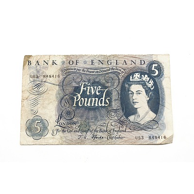 Bank of England Five Pound Note, U53 848416