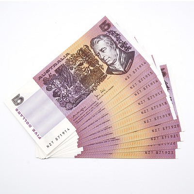 Ten Consecutively Numbered Australian Knight/ Stone $5 Notes, NZT871914-NZT8719123