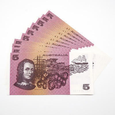 Ten Consecutively Numbered Australian Knight/ Stone $5 Notes, NZT871914-NZT8719123