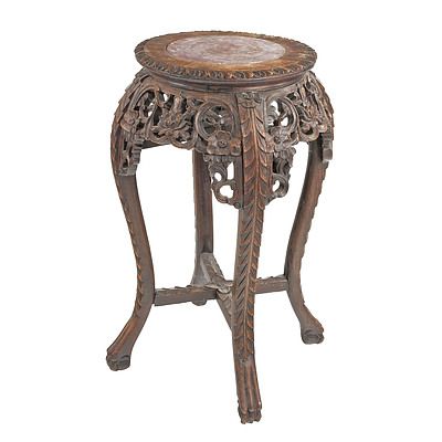 Chinese Export Carved Hongmu and Marble Inset Pedestal, Early 20th Century