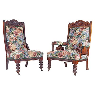 Pair of Floral Tapestry Upholstered Grandmother and Grandfather Chairs, Late 19th Century