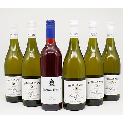 Case of 5x Tyrell's Wines 2015 Part & Parcel 750ml and One Bottle of Barton estate 2016 Blue Rose 750ml
