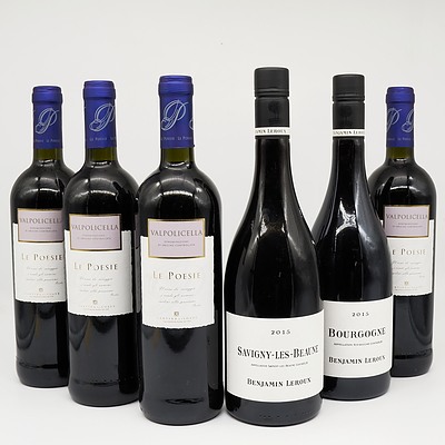 Case of 4x Le Poesie Valpolicella 750ml and 2x Benjamin Leroux 2015 Savigny-Les-Beaune Pinot Noir 750ml