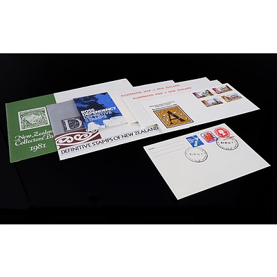 Five New Zealand Stamp Collection Year Books 1984, 1985, 1986,1987, 1989, Christmas Island 1958-1986 and Two First Day Covers and Two Stamp Packs