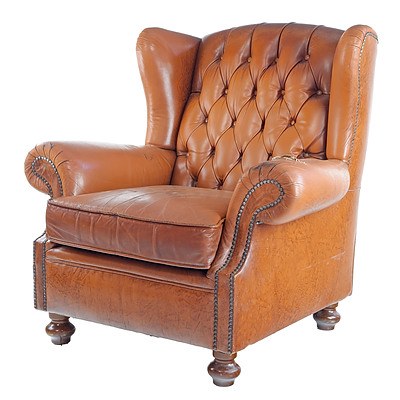 Tan Leather Upholstered Chesterfield Wingback Armchair