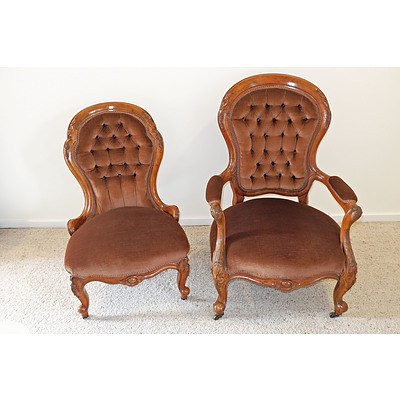 Victorian Walnut Grandmother and Grandfather Chairs, Circa 1880