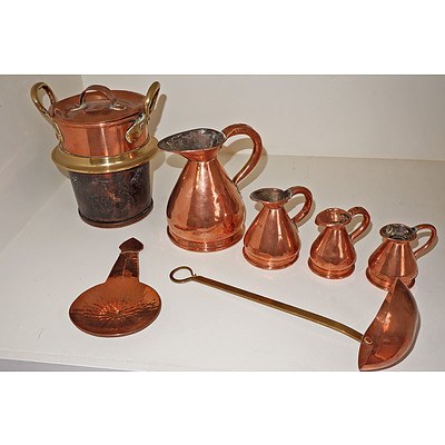 Collection of Antique and Vintage Copper Ware, Including Small Copper Warming Dish, Four Graduating Measures and Two Ladles