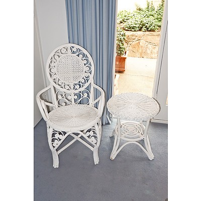 Vintage Painted Wicker Armchair and Side Table