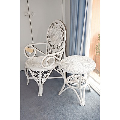 Vintage Painted Wicker Armchair and Side Table