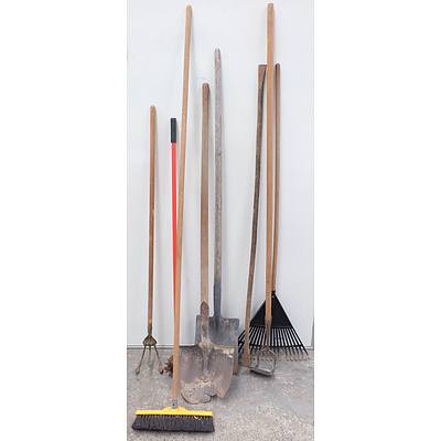 Assorted Tools including Shovels, Hoe, Rake, Grass Edger, Hedge Trimmers and More