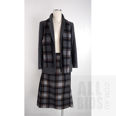 Vintage English 'Levere of London' Three Piece Grey Wool Blend Suit - Jacket, Kilt Style Skirt and Matching Scarf