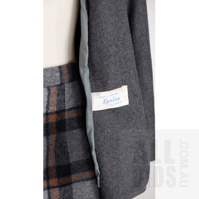 Vintage English 'Levere of London' Three Piece Grey Wool Blend Suit - Jacket, Kilt Style Skirt and Matching Scarf