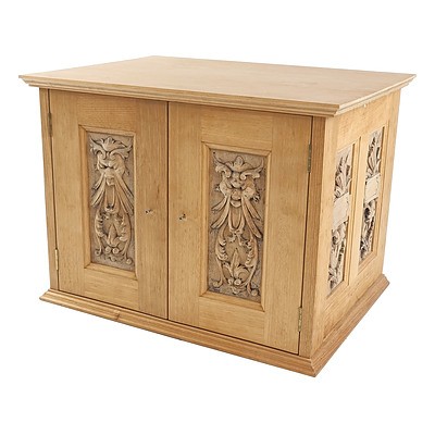 Antique Style Ash Small Cabinet with Carved Relief Panels, Late 20th Century