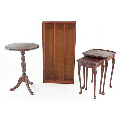 Stained Timber Tripod Table, Pair of Nesting Tables and Timber Shelf