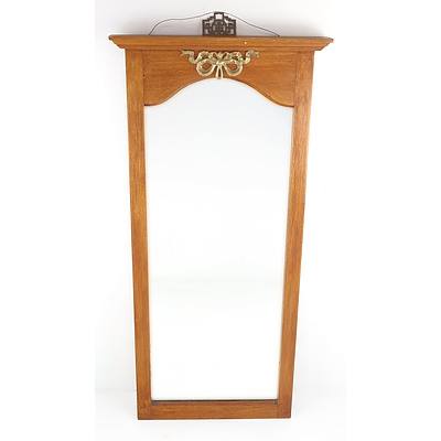 Vintage Maple Wall Mirror with Applied Brass Floral Swag